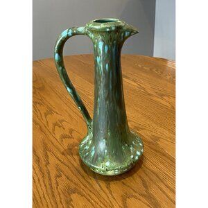 Vintage Glazed Drip Vase With Handle In Avocado Green & Shade Of Blue 11”
